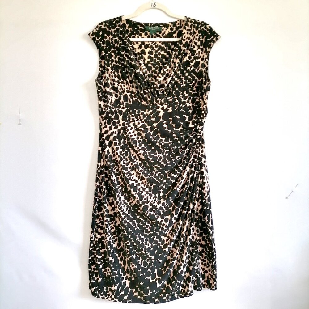 Lauren Ralph Lauren Womens Brown Black Ruched Leopard Print Wrap Dress Size 12